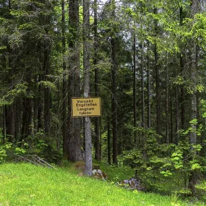 Yellow sign in the forest, ski area at the Goetschen Alm