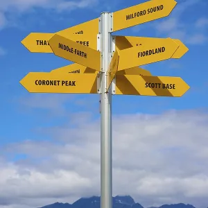 Yellow signposts with various destinations against a backdrop of blue sky and mountains