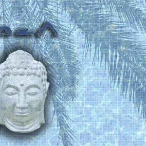 Yoga word with figures in poses and sleeping Buddha head on blue pool mosaic texture