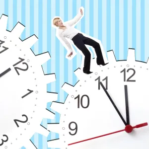 Young business woman between two clocks, composing Young business woman between two clocks, composing
