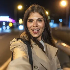 Young woman smiling and taking a selfie on a lively city night Young woman smiling and taking a selfie on a lively city night