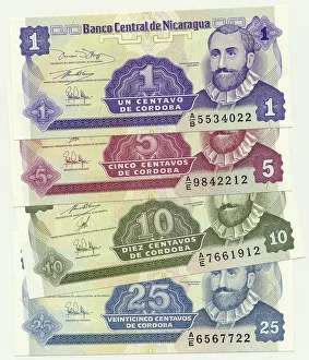 1, 5, 10 and 25 centavos notes with a portrait of Francisco Hernandez de Cordoba