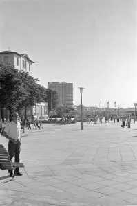 15 June 1970, view of the Warnemuende pedestrian promenade. In the background the new Interhotel Neptun (opened in 1971). Warnemuende, Rostock district, GDR GDR