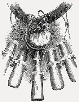 17th century bandolier, strap attached with powder charges and bulletbag