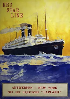 1920 vintage poster of the Red Star Line showing the SS Lapland passenger ship sailing under Belgian flag between