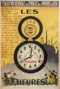 1920s poster, placard from Belgian trade union campaign promoting the eight-hour work day