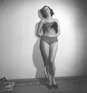1940s bikini fashion. A studio shot of a designed bikini two-pieced bathing suit