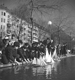 In the 1940s. Children with their model sailboats pictured on this spring day in Stockholm at the pond next to