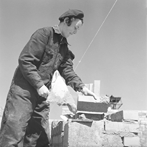 In the 1950s. Women construction worker is laying bricks on a building site