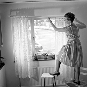 1960s home decorating. A woman at home putting up the curtains in the room window