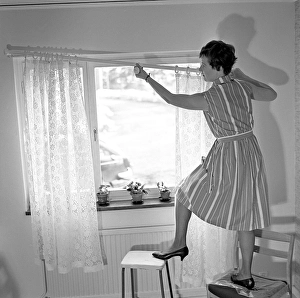 1960s home decorating. A woman at home putting up the curtains in the room window