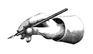 19th century illustration of a hand holding a pen