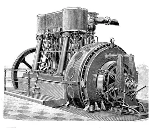 19th century steam engine: a vertical compound machine coupled with dynamo engine