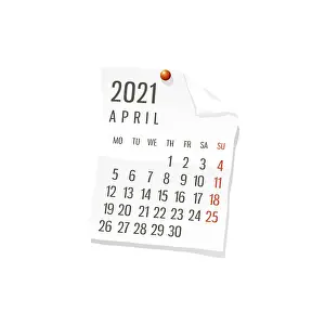2021 Calendar on white paper, April