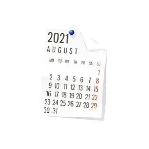 2021 Calendar on white paper, August