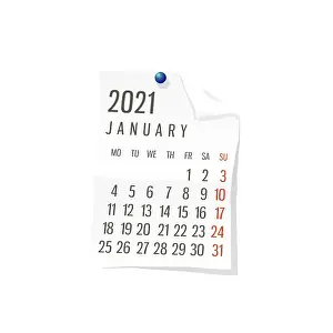 2021 Calendar on white paper, January