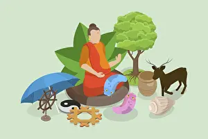 3D Isometric Flat Vector Illustration of Traditional Spiritual Indian Symbols