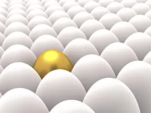 3D rendering of rows of white eggs with one golden egg among