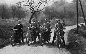 4 motorcyclists on the road, historic picture from about 1940