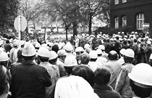 About 5000 steel workers of the Hoesch AG took to the streets to protest for the preservation of their jobs during a