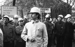 About 5000 steel workers of the Hoesch AG took to the streets to protest for the preservation of their jobs during a