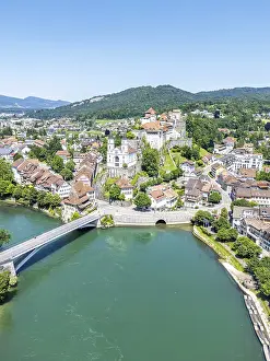Aarburg town on the river Aare with church and fortress Aerial view from above in Aarburg