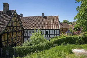 Aarhus, Denmark - 8 June, 2021: historic half-timbered houses in the old town center of Aarhus