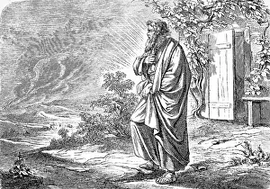 Abraham looks at the burning Sodom and Gomorrah in the distance