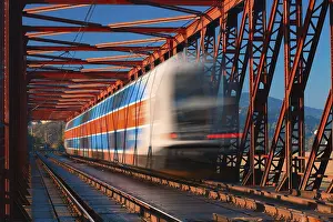 Abstract composition of moving train on the old railway bridge