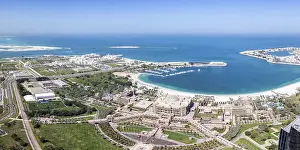 Abu Dhabi skyline from above with UAE Presidential Palace and Emirates Palace panorama in Abu Dhabi