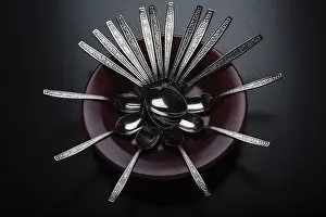Abundance of spoons in marsala color plate on black table
