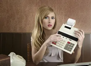 Accountant retro secretary vintage calculator wooden office beautiful woman