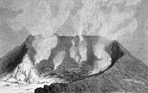 Active Hekla volcano (1491m), steaming volcanic crater with outflow, stratovolcano, geology, Nrdeurope, Iceland, historical illustration 1888, Europe