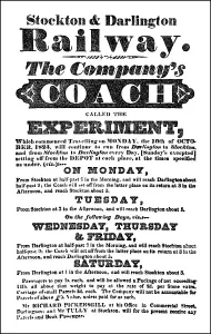 Advertising billboard, the first train on the Stockton and Darlington Railway on 27 September 1825