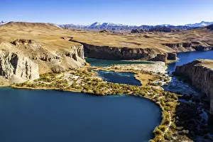 Aerial of the deep blue lakes of the Unesco National Park