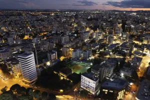 Aerial drone photograph of cityscape of Nicosia in Cyprus at sunset