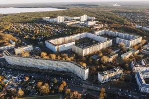 Aerial drone wideangle panorama photo of DDR Plattenbau in Berlin Kopenick