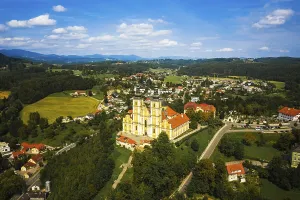 Aerial panoram of Baroque Mariatrost Basilica on top of the Purberg hill in Mariatrost