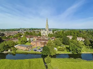 Aerial panorama of the city of Salisbury with Salisbury Cathedral and the River Avon