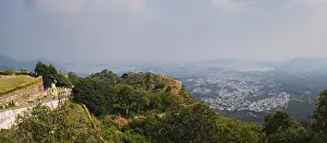 Aerial panorama of Udaipur with Lake Pichola and hills scenery
