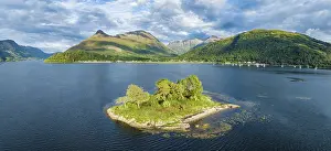Aerial panorama of the western part of Loch Leven with the historic Isle of Discussion