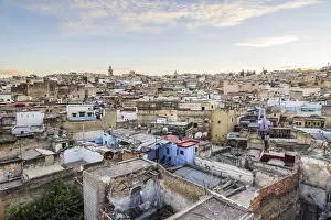 Aerial panoramic view of historic downtown called medina at sunset