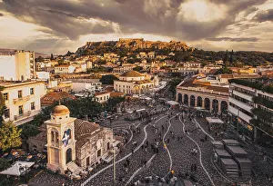 Aerial panoramic view of Monastiraki square and the Acropolis at sunset in Athens Greece