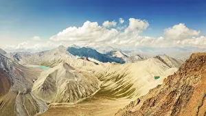 Aerial panoramic wide view Kelitsadi lake hiking trail through Khorisari pass