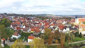 This aerial photo shows the picturesque town of Herrieden