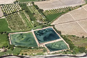 Aerial view of agricultural land with green fields and water