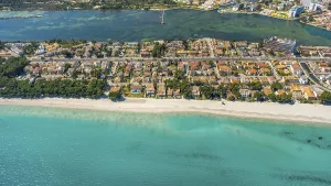 Aerial view, Alcudia, turquoise blue water on the beach of Alcudia