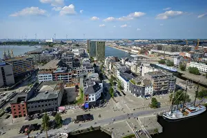 Aerial view of Antwerp city with port crane in cargo terminal