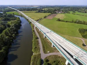 Aerial view of the approximately six-kilometre-long Saale Elster Valley Bridge near Halle