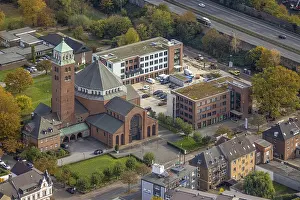 Aerial view, architectural monument Heilig Kreuz-Kirche in the district Butendorf in Gladbeck